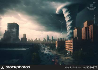 Tornado storm in city center with dark sky and bad weather. Neural network AI generated art. Tornado storm in city center with dark sky and bad weather. Neural network generated art