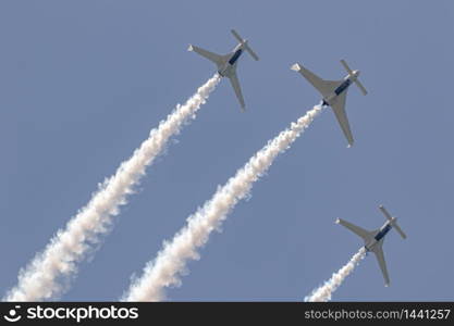 TORRE DEL MAR, MALAGA, SPAIN-JUL 14: Aircraft of the Patrouille REVA taking part in a exhibition on the 4th airshow of Torre del Mar on July 14, 2019, in Torre del Mar, Malaga, Spain. Patrouille REVA