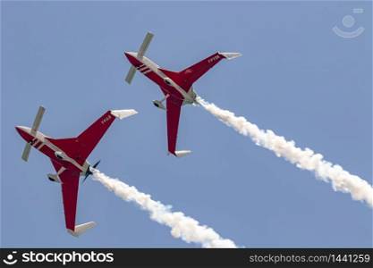 TORRE DEL MAR, MALAGA, SPAIN-JUL 14: Aircraft of the Patrouille REVA taking part in a exhibition on the 4th airshow of Torre del Mar on July 14, 2019, in Torre del Mar, Malaga, Spain. Patrouille REVA