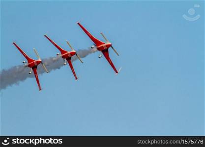 TORRE DEL MAR, MALAGA, SPAIN-JUL 30: Aircraft of the Patrouille REVA taking part in a exhibition on the 1st airshow of Torre del Mar on July 30, 2016, in Torre del Mar, Malaga, Spain. Patrouille REVA