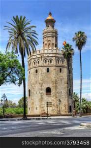 Torre del Oro or Golden Tower, a medieval Arabic military dodecagonal watchtower in Seville, southern Spain, Andalusia, Spain.