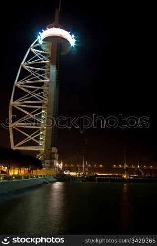 Torre Vasco da Gama. illuminated Torre Vasco da Gama in Lisbon at night