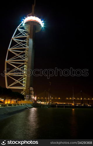 Torre Vasco da Gama. illuminated Torre Vasco da Gama in Lisbon at night