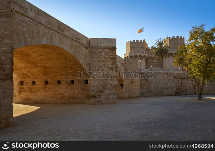 Torres de Serrano towers and bridge in Valencia old city door at spain