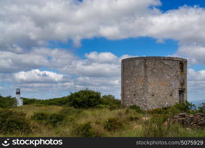 Torres Vedras Portugal. 13 April 2017.Old abandoned wind mill on Torres Vedras.Torres Vedras, Portugal. photography by Ricardo Rocha.