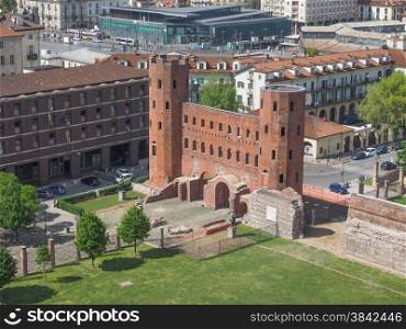 Torri Palatine Turin. Aerial view of Palatine towers aka Porte Palatine, ruins of ancient roman town gates in Turin