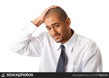 Torso of a handsome African Hispanic business man in white shirt and gray tie and hand on top of head, isolated