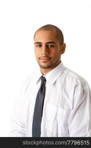 Torso of a handsome African Hispanic business man in white shirt and gray tie, isolated