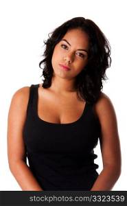 Torso of beautiful casual Hispanic Caucasian woman with curly black hair and head tilted, isolated.