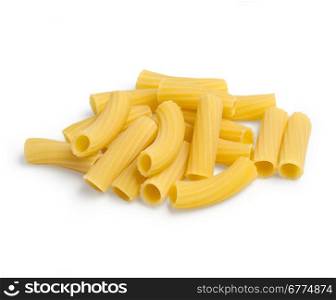 tortiglioni raw pasta isolated on white background.