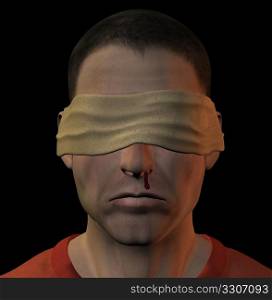 Tortured blindfolded man with bleeding nose. 3d illustration.