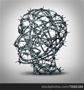 Tortured thinking and depression concept as a group of tangled barbwire or barbed wire fence shaped as a human head as a metaphor for psychological or psychiatric condition of suffering and victim of oppression or mental illness.