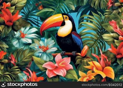 Toucan in the rainforest, watercolour. Generative AI