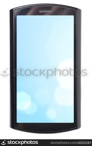 touch screen phone with blue abstract wallpaper. Display is cut with clipping path
