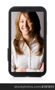 touch screen phone with businesswoman on display, cut out from white. Screen is cut with clipping path