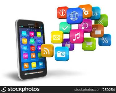 Touchscreen smartphone with cloud of colorful application icons isolated on white background