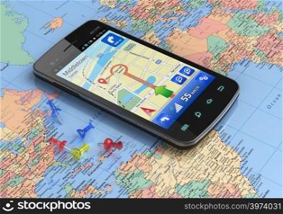 Touchscreen smartphone with GPS navigation on world map