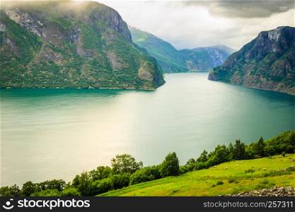 Tourism and travel. Scenic nature landscape. View of the picturesque Aurland valley and fjords Norway Scandinavia.. View of the fjords and Aurland valley in Norway