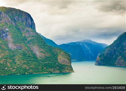 Tourism and travel. Scenic nature landscape. View to picturesque Aurlandfjord and Sognefjord from Stegastein viewpoint, Norway Scandinavia.. Aurland fjord from Stegastein view point, Norway