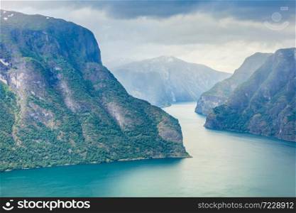 Tourism and travel. Scenic nature landscape. View to picturesque Aurlandfjord and Sognefjord from Stegastein viewpoint, Norway Scandinavia.. Aurland fjord from Stegastein view point, Norway
