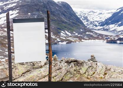 Tourism holidays and travel. Empty white board on Djupvatnet lake in Stranda More og Romsdal, Norway Scandinavia.. Empty board on Djupvatnet lake, Norway