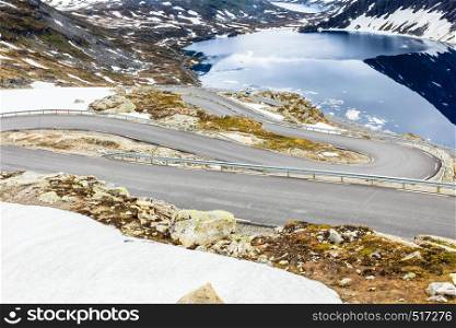 Tourism holidays and travel. Road to Dalsnibba mountain and Djupvatnet lake in Stranda More og Romsdal, Norway Scandinavia.. Djupvatnet lake and road to Dalsnibba mountain Norway