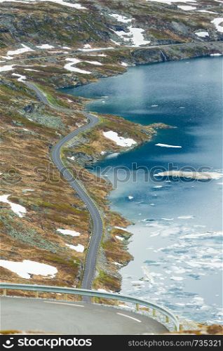 Tourism holidays and travel. Road to Dalsnibba mountain and Djupvatnet lake in Stranda More og Romsdal, Norway Scandinavia.. Djupvatnet lake and road to Dalsnibba mountain Norway