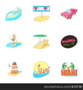 Tourism in Miami icons set. Cartoon illustration of 9 tourism in Miami vector icons for web. Tourism in Miami icons set, cartoon style