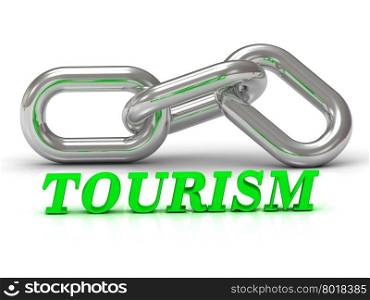 TOURISM- inscription of color letters and Silver chain of the section on white background