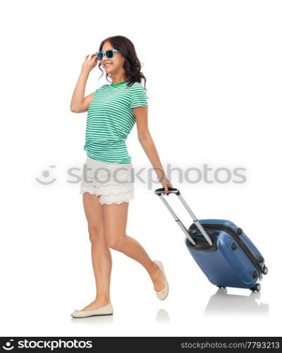 tourism, summer holidays and vacation concept - happy teenage girl in sunglasses with travel bag over white background. happy teenage girl in sunglasses with travel bag