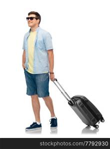tourism, summer holidays and vacation concept - smiling young man in sunglasses with travel bag over white background. man in sunglasses with travel bag