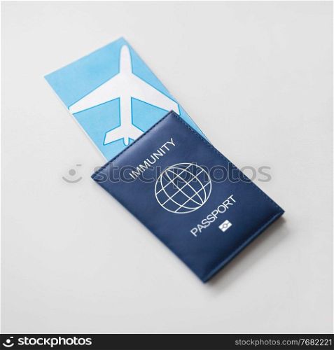 tourism, travel and health care concept - immunity passport and air tickets for on white background. immunity passport and air tickets for travel
