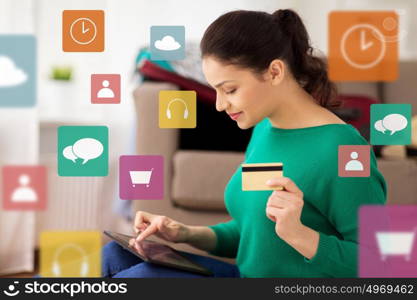 tourism, travel, insurance, payment and people concept - happy young woman with tabglet pc computer and credit card at home going on trip or shopping online over multimedia icons. woman with tablet pc and credit card at home