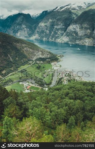Tourism vacation and travel. Beautiful view of the Aurland fjord landscape from Stegastein viewpoint, Norway Scandinavia.. View of the fjords at Stegastein viewpoint in Norway