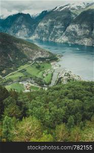 Tourism vacation and travel. Beautiful view of the Aurland fjord landscape from Stegastein viewpoint, Norway Scandinavia.. View of the fjords at Stegastein viewpoint in Norway