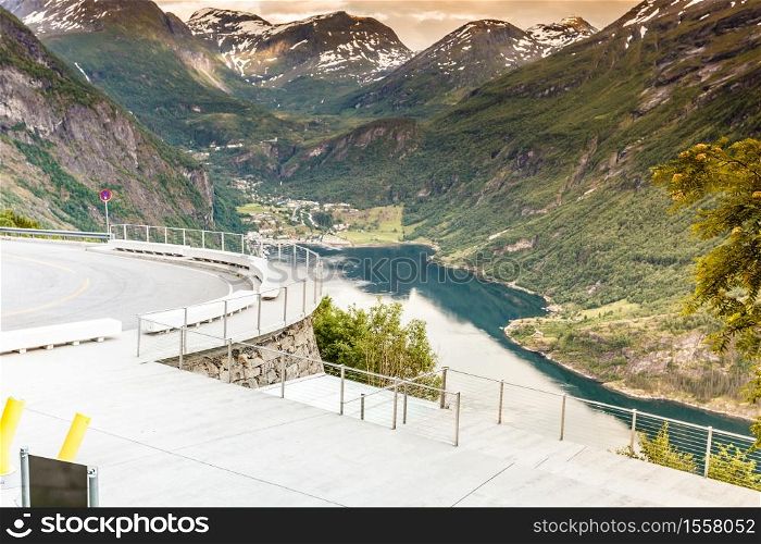 Tourism vacation and travel. Beautiful view over magical Geirangerfjorden from Flydalsjuvet viewpoint, Norway Scandinavia.. View on Geirangerfjord from Flydasjuvet viewpoint Norway