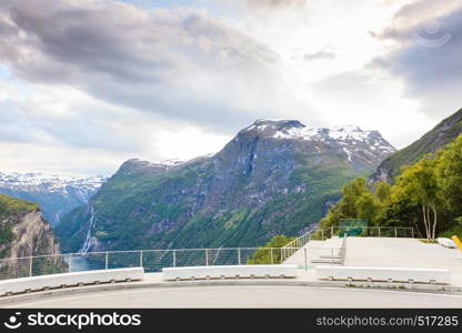 Tourism vacation and travel. Beautiful view over magical Geirangerfjorden from Flydalsjuvet viewpoint, Norway Scandinavia.. View on Geirangerfjord from Flydasjuvet viewpoint Norway