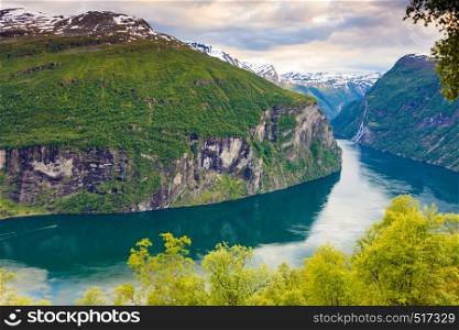 Tourism vacation and travel. Beautiful view over magical Geirangerfjorden from Flydalsjuvet viewpoint, Norway Scandinavia.. View on Geirangerfjord from Flydasjuvet viewpoint Norway