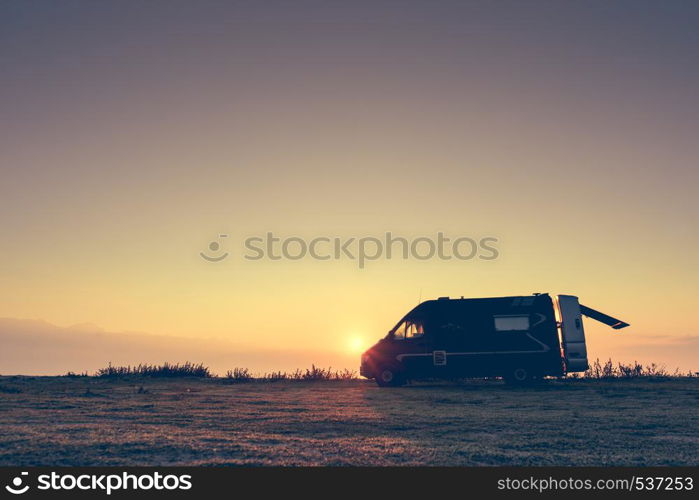 Tourism vacation and travel. Camper van and morning landscape at sunrise in Greece. Camper car on nature at sunrise