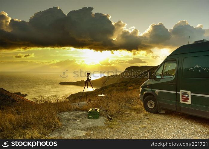 Tourism vacation and travel. Camper van on nature at sunrise over sea surface, Greece Peloponnese Mani Peninsula.. Camper car on nature at sunrise. Travel
