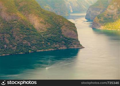 Tourism vacation and travel. Fantastic view of the Aurlandsfjord landscape from Stegastein viewpoint, Norway Scandinavia.. View of the fjords at Stegastein viewpoint in Norway
