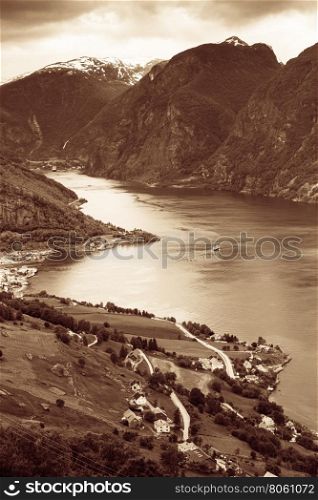 Tourism vacation and travel. Fantastic view of the Aurlandsfjord landscape from Stegastein viewpoint, Norway Scandinavia.