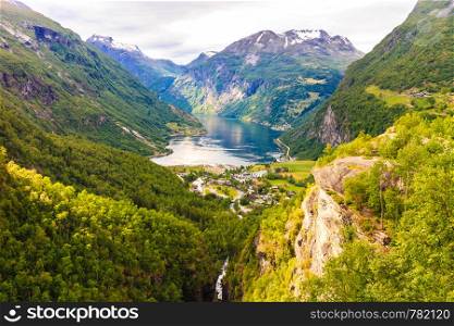 Tourism vacation and travel. Fantastic view on Geirangerfjord and green mountains landscape Norway Scandinavia.. View on Geirangerfjord in Norway