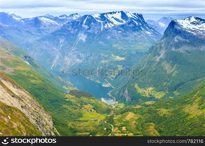 Tourism vacation and travel. Fantastic view on Geirangerfjord and mountains landscape from the Dalsnibba Plateau viewpoint, Norway Scandinavia.. View on Geirangerfjord from Dalsnibba viewpoint in Norway