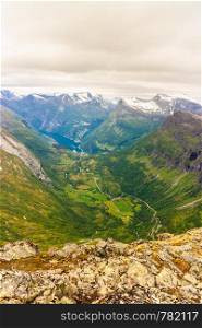 Tourism vacation and travel. Fantastic view on Geirangerfjord and mountains landscape from the Dalsnibba Plateau viewpoint, Norway Scandinavia.. View on Geirangerfjord from Dalsnibba viewpoint in Norway