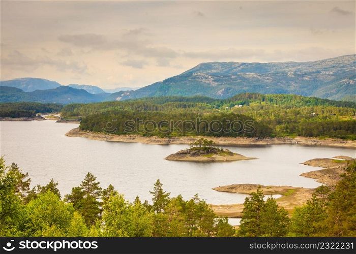 Tourism vacation and travel. Fjord landscape near Bergen, island Osteroy, Norway Scandinavia Europe. Beautiful nature. View of fjord near Bergen in Norway