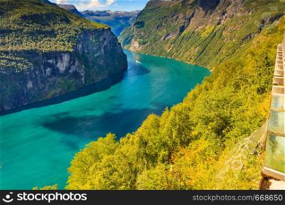 Tourism vacation and travel. Geiranger fjord landscape from Ornesvingen viewpoint, Norway Scandinavia.. Geiranger fjord in Norway