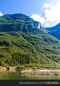 Tourism vacation and travel. Mountains and fjord at summer in Norway, Scandinavia.