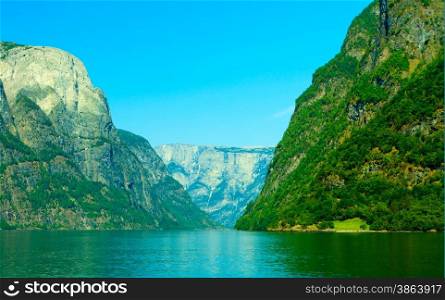 Tourism vacation and travel. Mountains and fjord Sognefjord in Norway, Scandinavia.