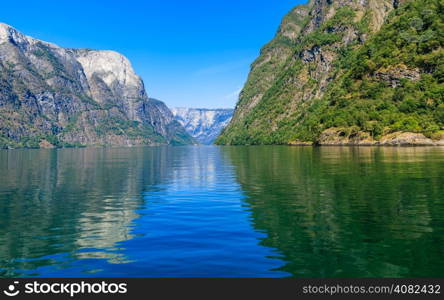 Tourism vacation and travel. Mountains and fjord Sognefjord in Norway, Scandinavia.